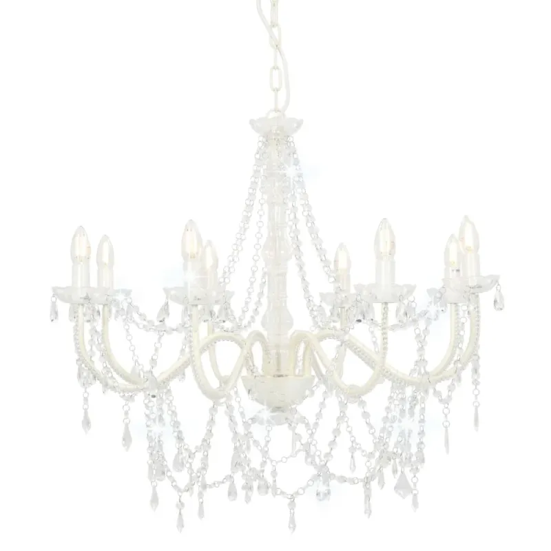 Lampadario da Soffitto con Perline Candelabro Bianco 8 Lampadine E14 Professionale
