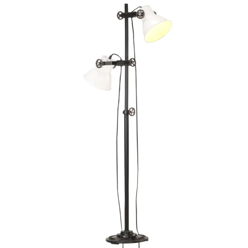 Lampada a Piantana Nera da Pavimento con 2 Paralumi Bianchi E27 in Ghisa Occasione Imperdibile
