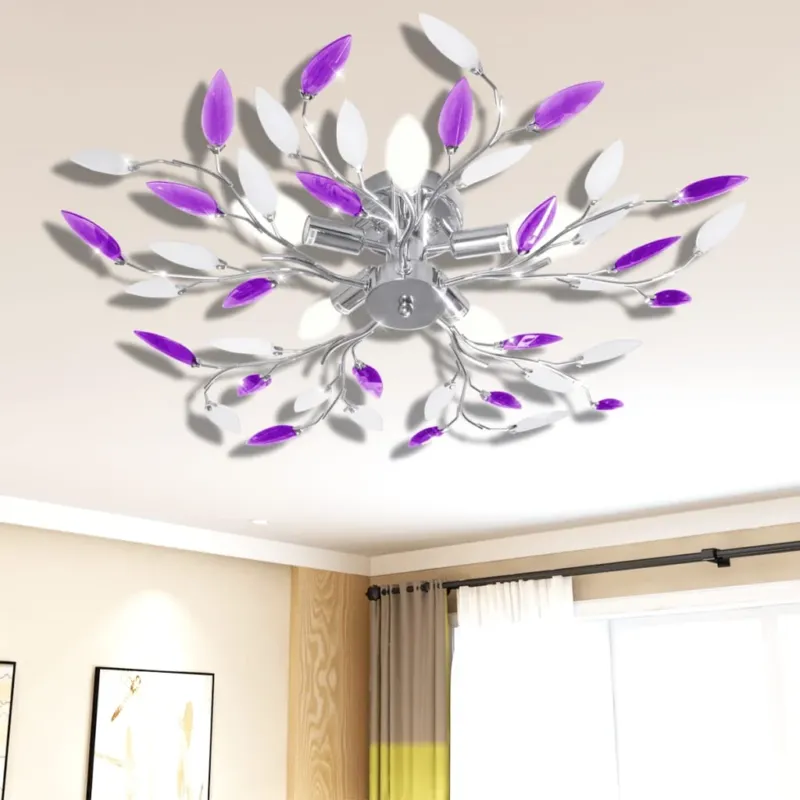 Affare Lampada Lampadario da Soffitto Bianco e Viola in Cristalli e Foglie Acrilici 5 E14