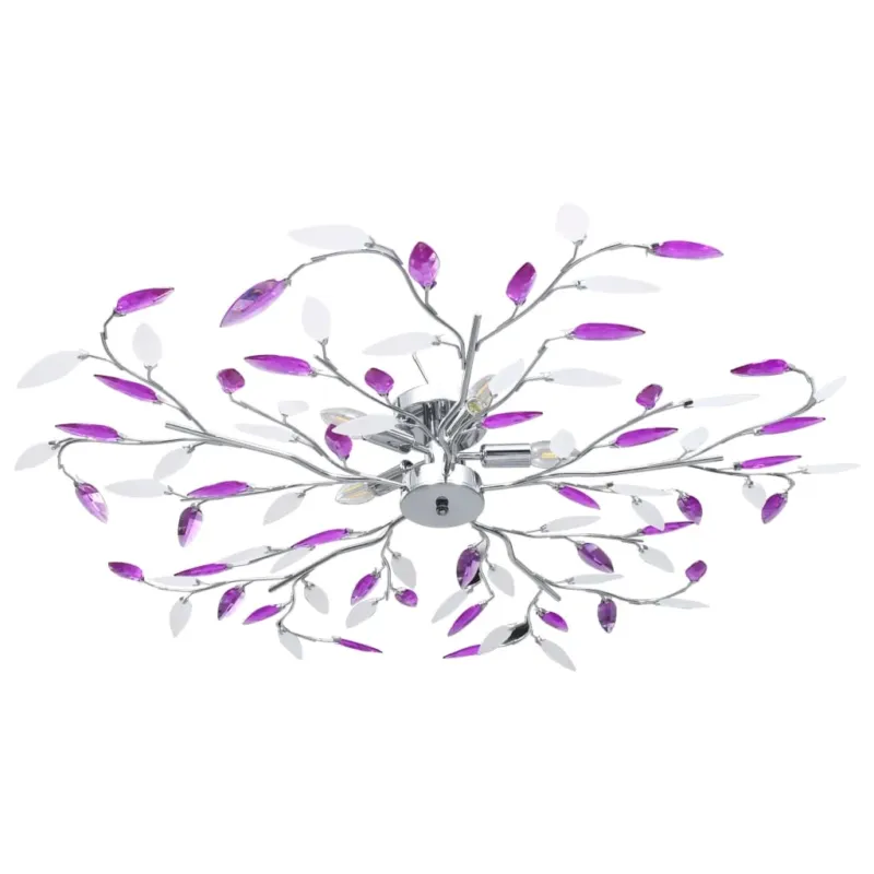 Lampadario a Soffitto Foglie e Bracci in Cristallo Acrilico 5 E14 Colore Viola Promozione Esclusiva