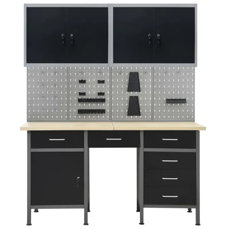 Banco da Lavoro Acciaio 160x60x85 cm 6 Cassetti 4 Pannelli 2 Armadietti Officina Offerta Speciale