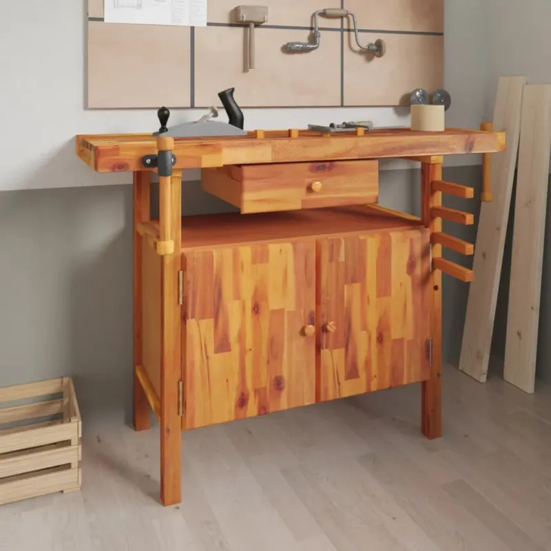 Promozione Esclusiva Banco da Lavoro Legno Massello Acacia Cassetto e Morse 124x52x83cm Garage Lavoro