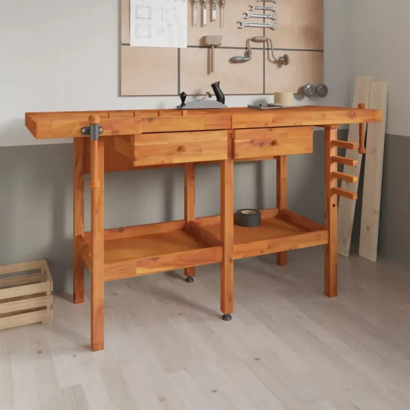 Banco Lavoro Legno Massello Acacia Cassetti e Morse 162x62x83 cm Officina Più Venduto