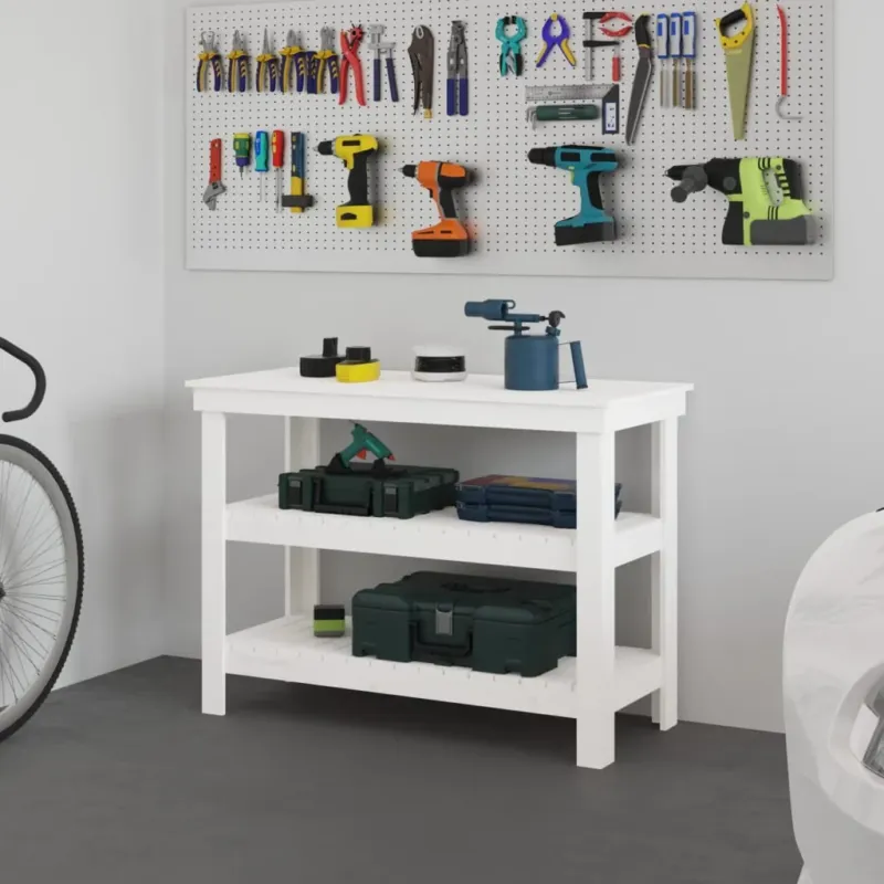 Banco da Lavoro Bianco Legno Massello Pino 110,5x50x80 cm per Garage Officina Professionale