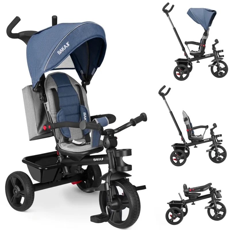 Triciclo per Bambini 5in1 Cappottina Pedali e Manico Antiscivolo Ergonomico Blu Compra Adesso