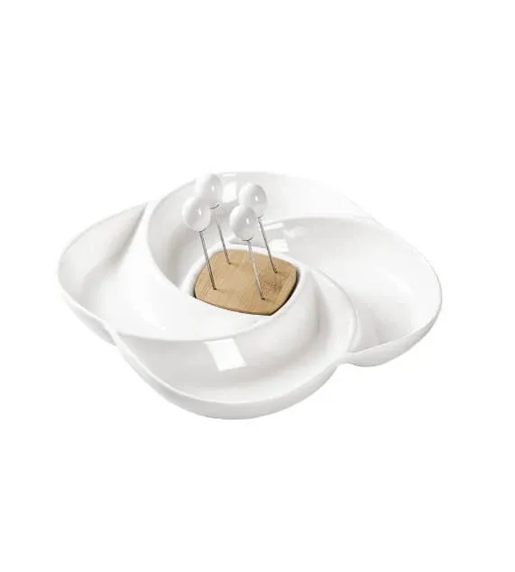 Brandani Porcellana & Bamboo Antipastiera Girella Con 4 Forchettine Inox Di Tendenza