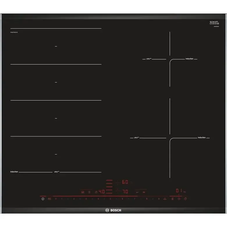 Bosch PXE675DC1E piano cottura Nero, Acciaio inossidabile Da incasso Piano cottura a induzione 4 Fornello(i) Promo Stagionale