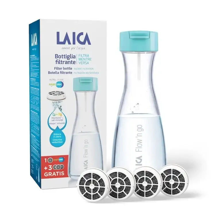 Reso Gratuito Laica Flow n‘go Bottiglia per filtrare l‘acqua, 4 filtri inclusi per 4 mesi di acqua filtrata
