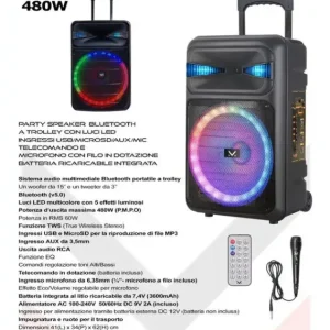 Acquista Ora New Majestic Party Speaker A Trolley Bluetooth Con Luci LED, Ingressi USB/MicroSD/AUX/Mic, Telecomando E Microfono Con Filo In Dotazione, Batteria Ricaricabile Integrata