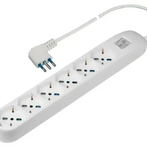 Poly Pool Presa sestupla pluristandard italiano bivalente 10/16A 2P+T, tedesco 16A 2P+T (terra laterale), con interruttore luminoso, 1,5m cavo H05VV-F 3X1mmq con spina 16A 2P+T, uscita cavo Novità
