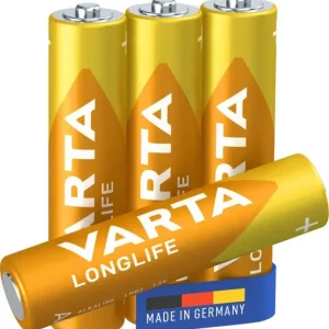 Varta Longlife, Batteria Alcalina, AAA, Micro, LR03, 1.5V, Blister da 4, Made in Germany Solo Oggi