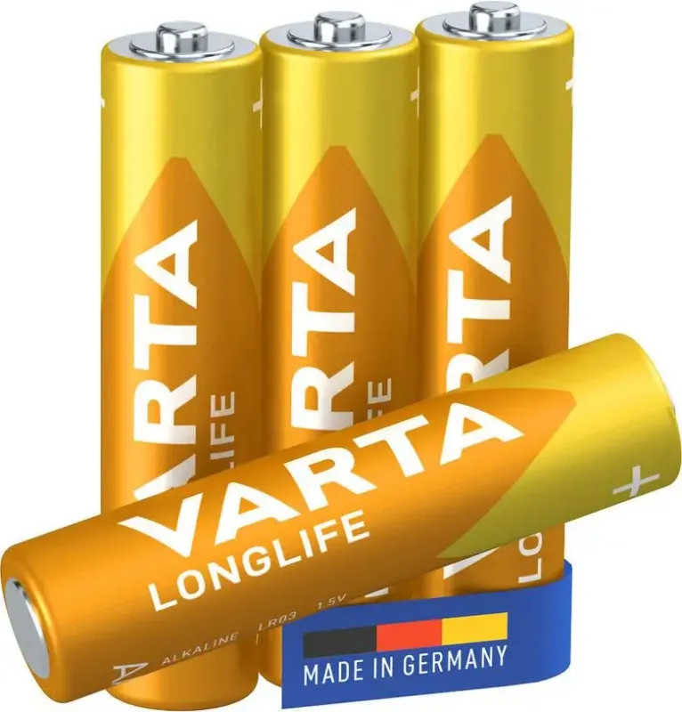 Varta Longlife, Batteria Alcalina, AAA, Micro, LR03, 1.5V, Blister da 4, Made in Germany Solo Oggi