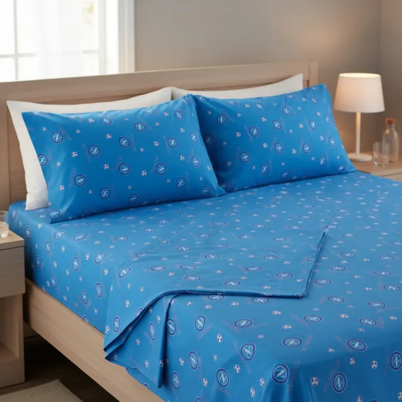 Spedizione Espresso Completo Lenzuola Ufficiale SSC Napoli in Puro Cotone – Singolo, Una Piazza e Mezza, Matrimoniale
